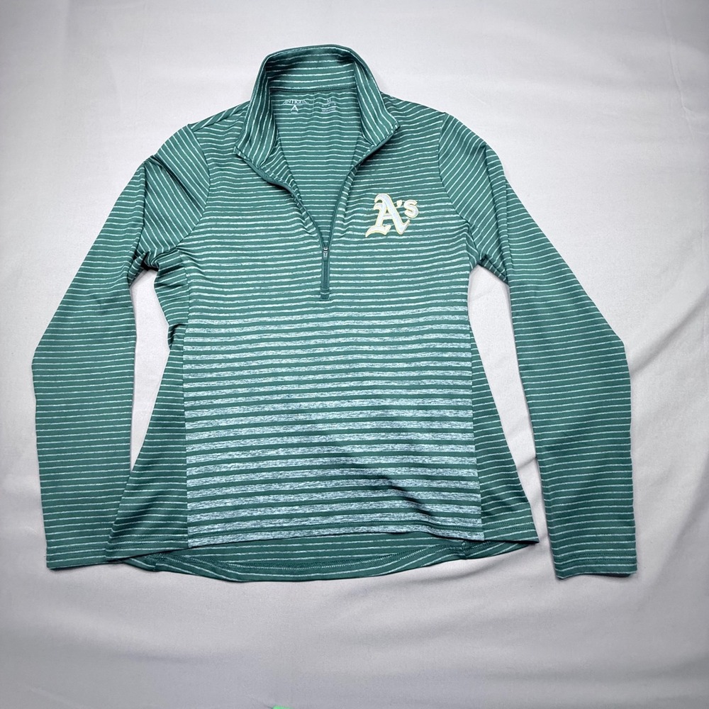 Antigua Oakland Athletics MLB Womens Green Striped Quarter Zip Pullover Medium